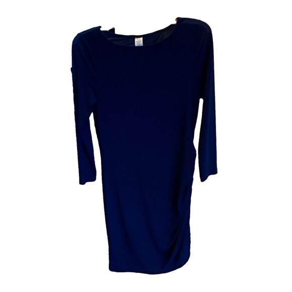 Unbranded Dresses & Skirts - Womens Blue Solid Ruched Midi Sheath Dress Stretch Round Neck 3/4 Sleeve M